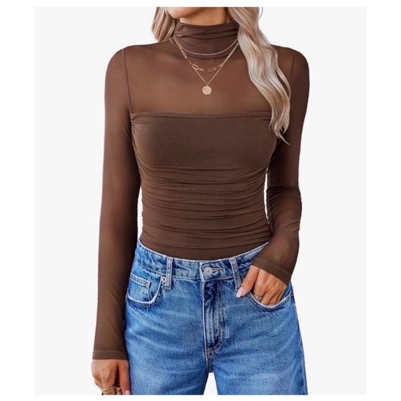 Avidlove Tops - Avidlove Long Sleeve Mesh Turtleneck Bodysuit – Brown – Size XL – NWT